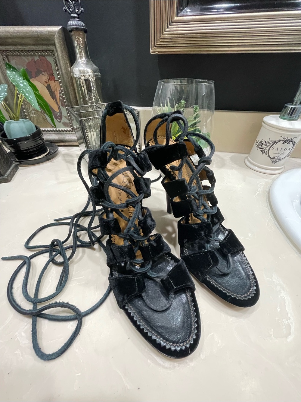 Yves Saint Laurent Black Lace-Up Velvet Heeled Sandals